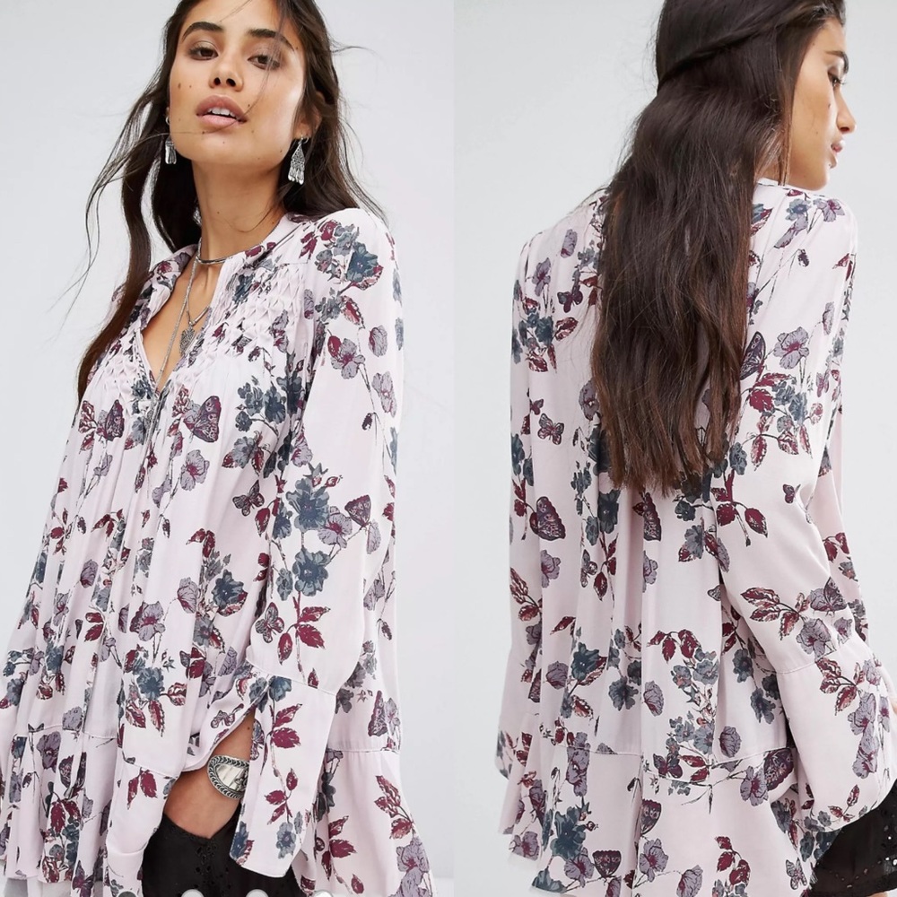 Free People Pale Pink Floral Peasant Blouse